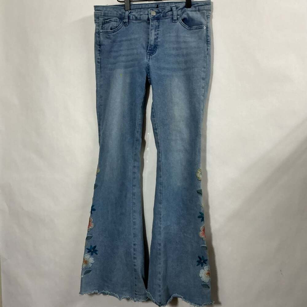 Simple Society Light Blue Floral Embroidered Flare Raw Hem Jeans